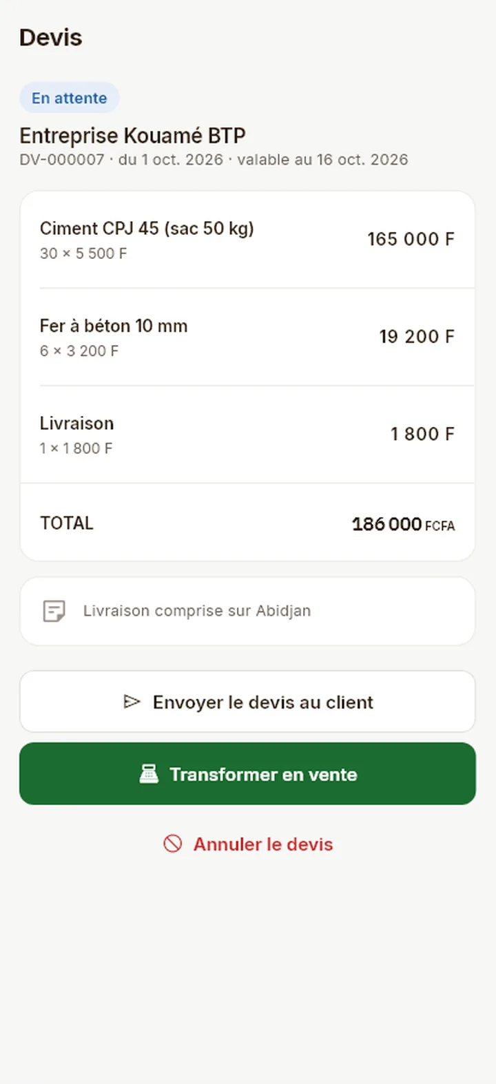 Devis pour une entreprise avec ciment, fer à béton et livraison, total 186 000 FCFA