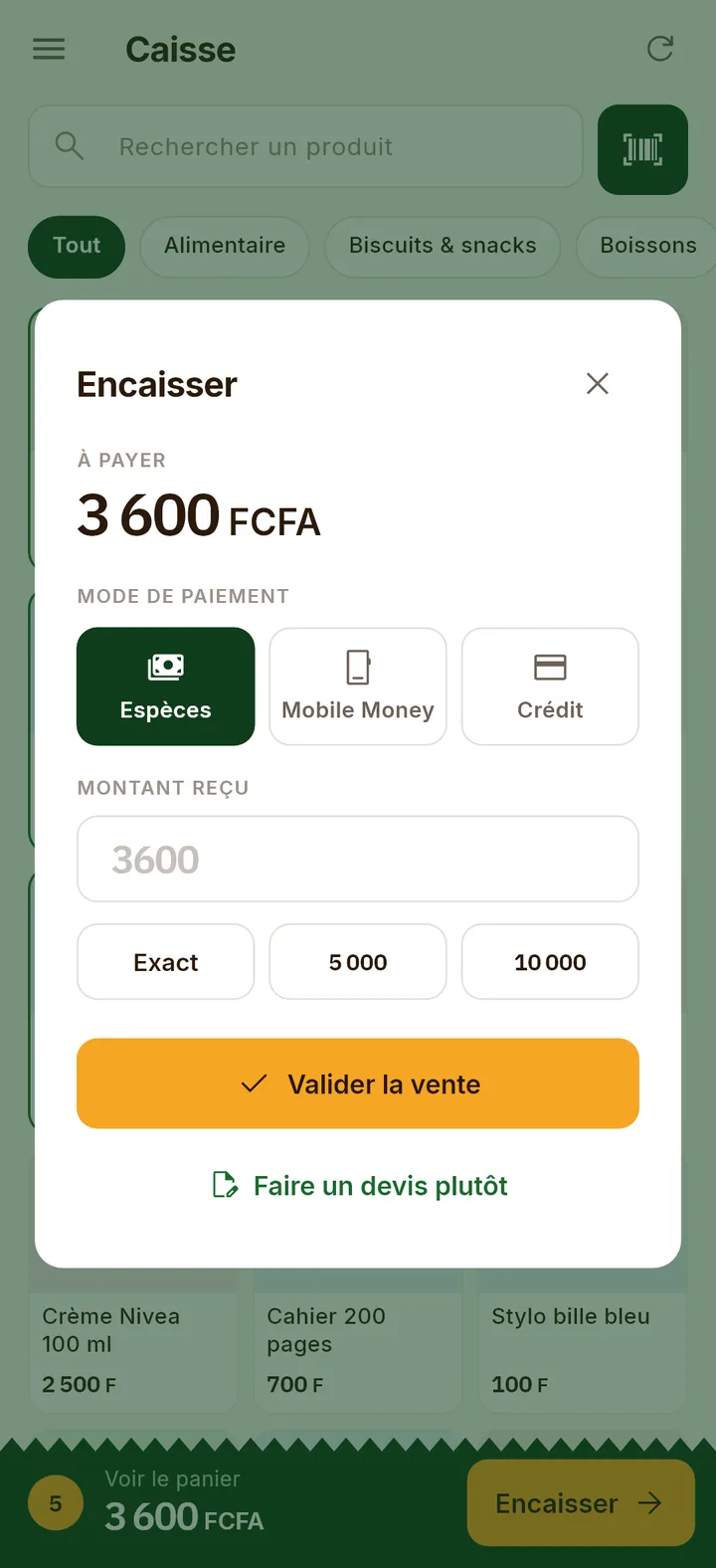 Fenêtre Encaisser : 3 600 FCFA à payer, choix Espèces, Mobile Money ou Crédit, montant reçu et bouton Valider la vente
